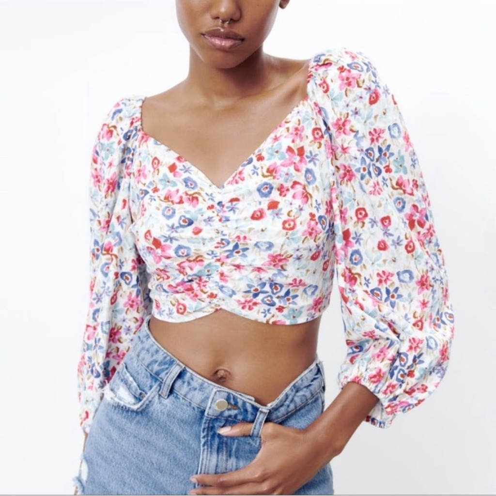 Zara Floral Linen Blend Tie Back Balloon Sleeve Blouse Size Medium